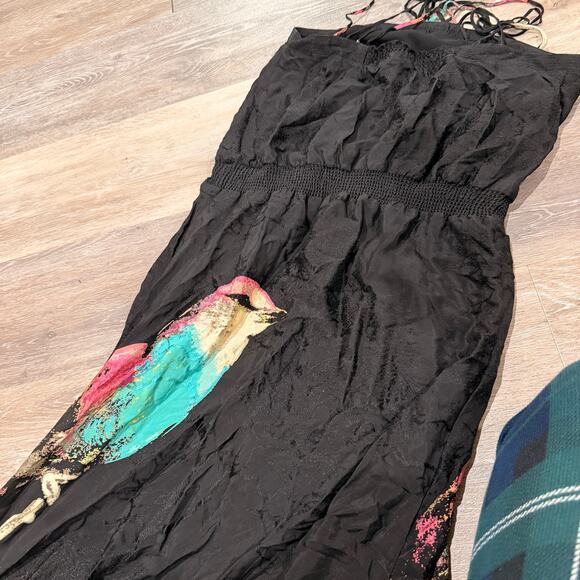 Leifs Dottir Anthropologie Black Halter 100% silk Bird print Maxi Dress Size 0 - Picture 6 of 6